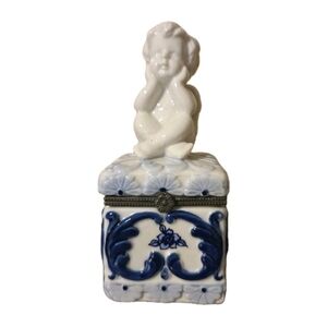 Cherub Trinket Box Square Blue And White Ceramic Angel  Valentine's Day